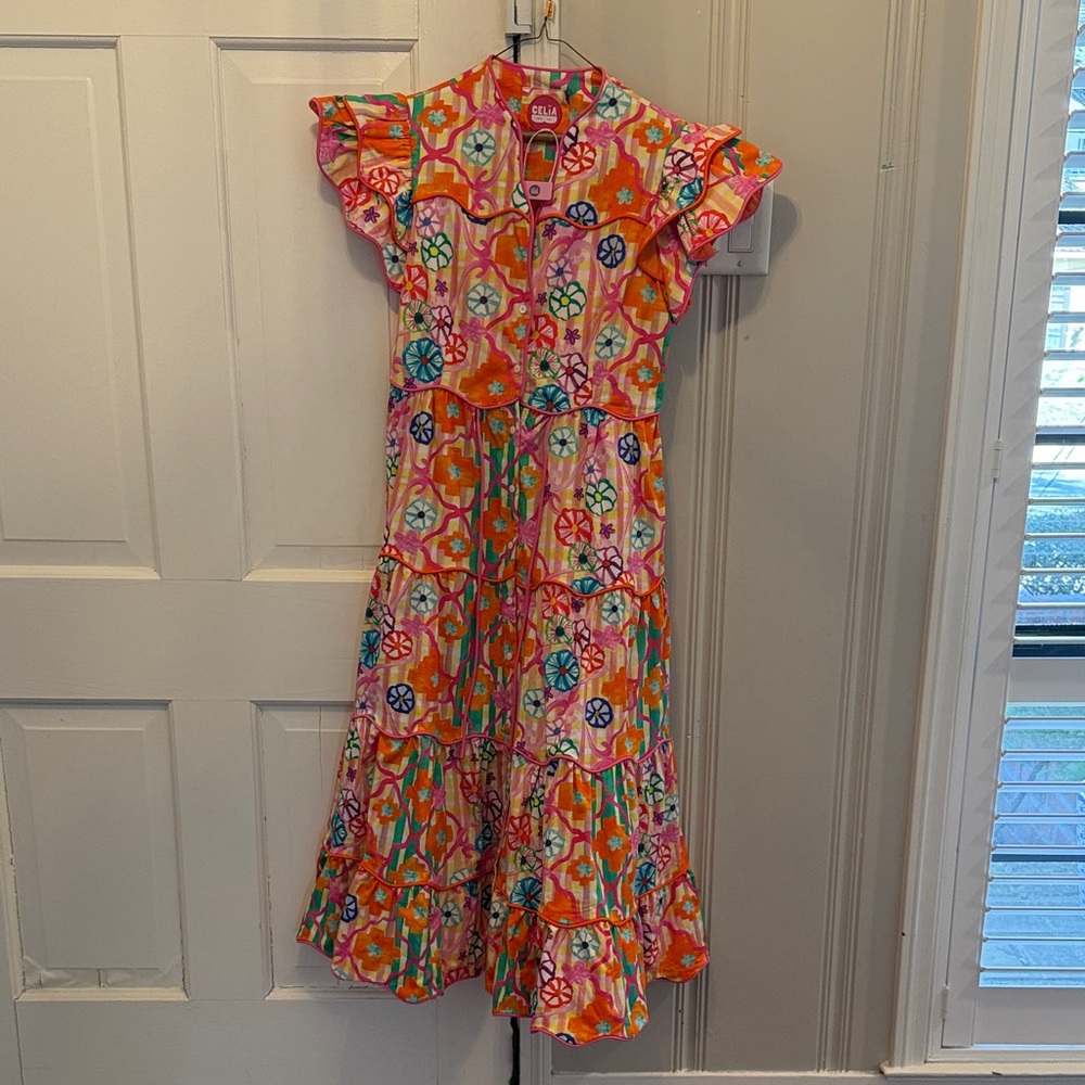 CeliaB Vibrant Pink and Orange Midi Dress